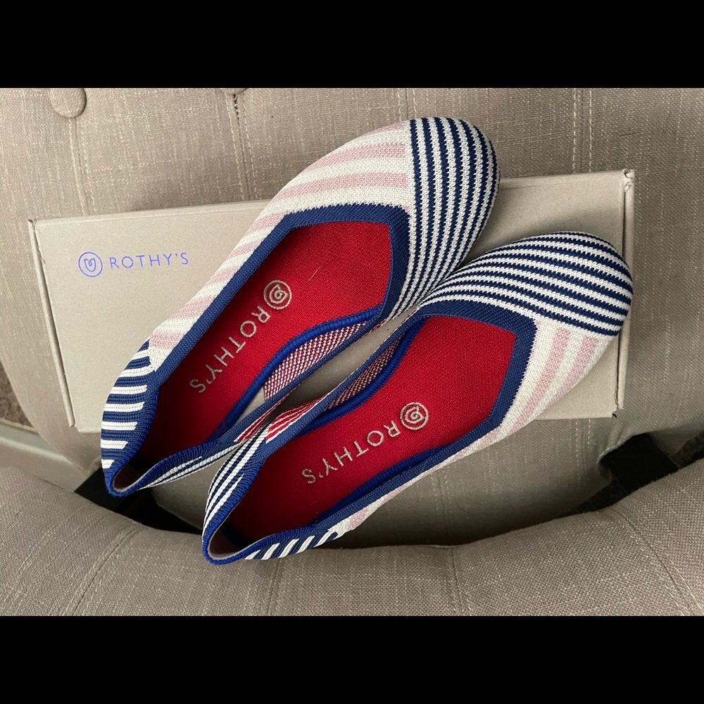 Rothy’s 7.5 flat. Pink and Navy stripe